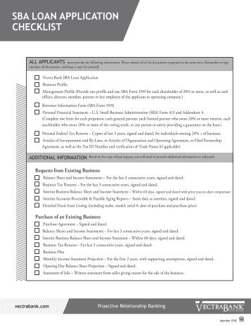 SBA Loan Application Check List - Vectra Bank