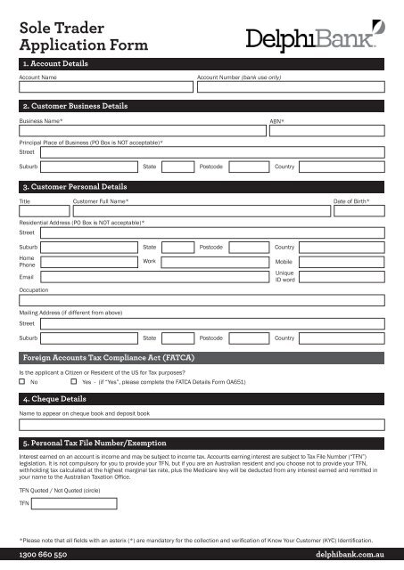 Sole Trader Account Application Form - Delphi Bank