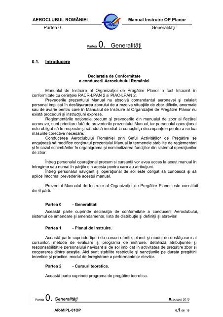 Partea A Generalitati Prevederi Generale Aeroclubul Romaniei