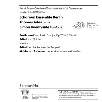 Barbican Hall Scharoun Ensemble Berlin Thomas AdÃ¨s piano ...