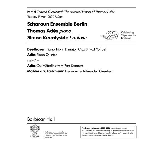 Barbican Hall Scharoun Ensemble Berlin Thomas AdÃ¨s piano ...