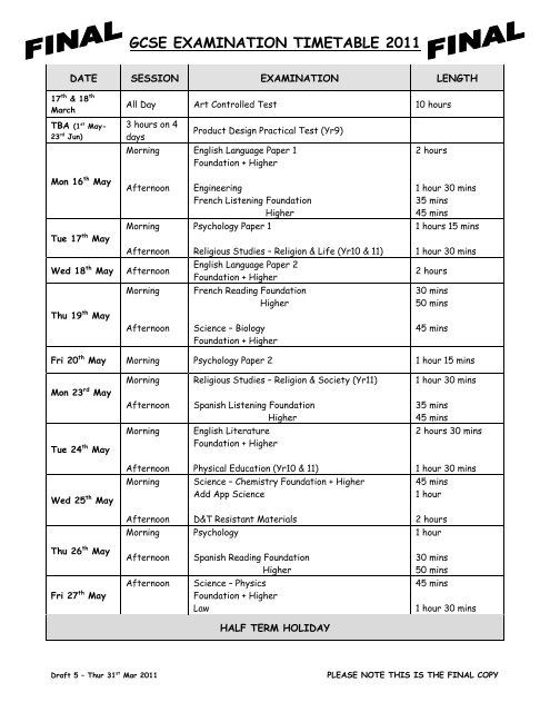 GCSE EXAMINATION TIMETABLE 2011