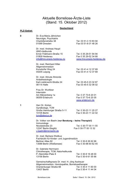 Aktuelle Borreliose-Ärzte-Liste (Stand: 12. März 2012)