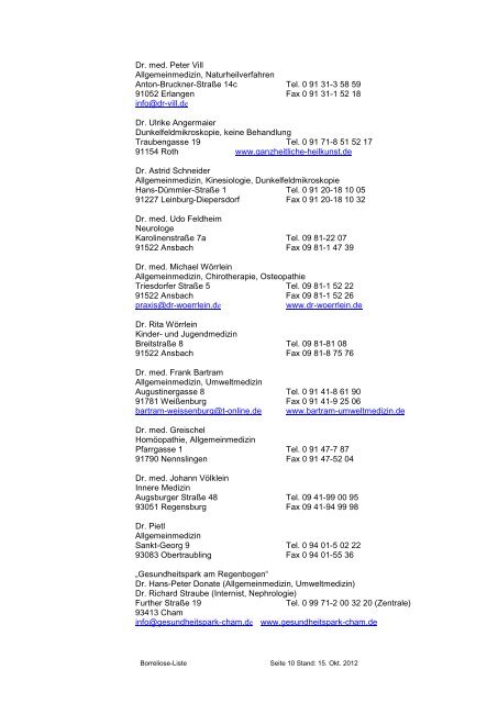 Aktuelle Borreliose-Ärzte-Liste (Stand: 12. März 2012)
