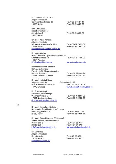 Aktuelle Borreliose-Ärzte-Liste (Stand: 12. März 2012)