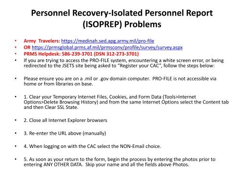 Personnel Recovery Isolated Personnel Report Isoprep Problems