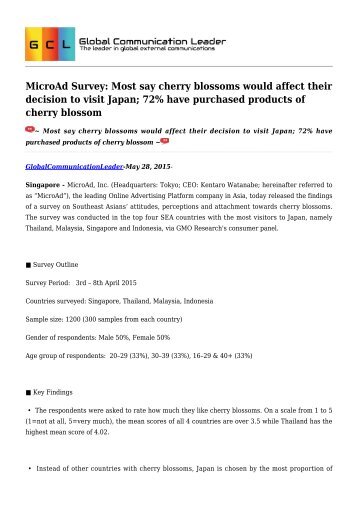 MicroAd Survey: Most say cherry blossoms would affect their decision to visit Japan; 72% have purchased products of cherry blossom