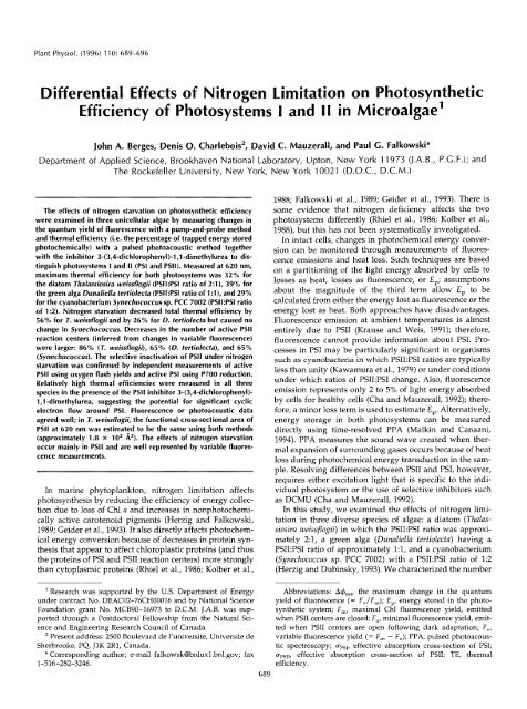 Differential Effects of Nitrogen Limitation on ... - Plant Physiology