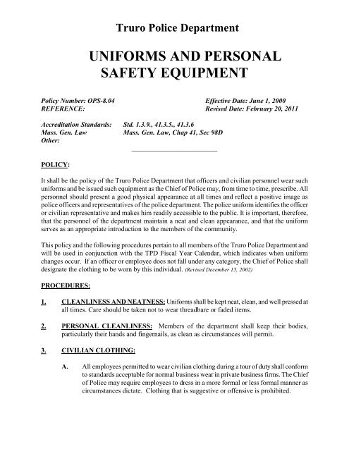 uniforms and personal safety equipment - Truro Police Department