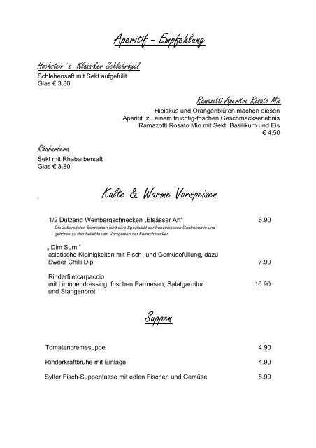 Stammkarte 2015 - Restaurant Haus Hochstein in Wenholthausen im Sauerland