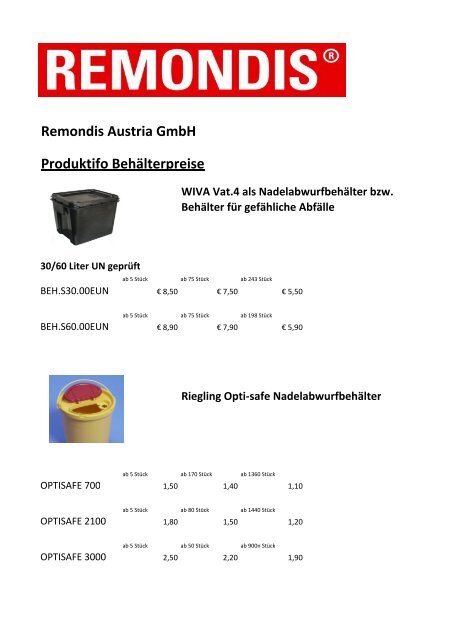 Remondis Austria GmbH Produktifo Behälterpreise ... - Ärztebank
