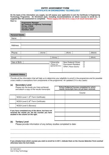 ENTRY ASSESSMENT FORM CERTIFICATE IN ENGINEERING ...