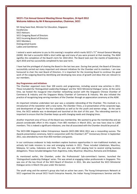 Remarks By Sicci Chairman Mr R Narayanamohan Singapore