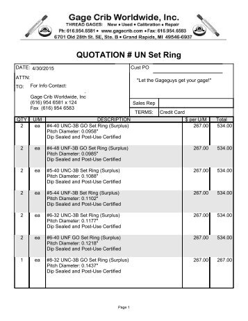 QUOTATION # UN Set Ring - Ring & Plug Thread Gages