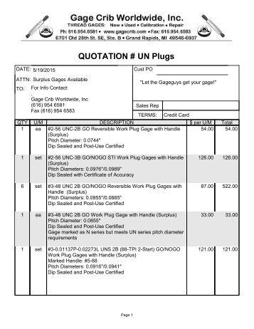 QUOTATION # UN Plugs - Ring & Plug Thread Gages