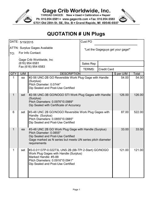 Quotation Un Plugs Ring Plug Thread Gages Quotation Un Plugs Ring Plug Thread Gages