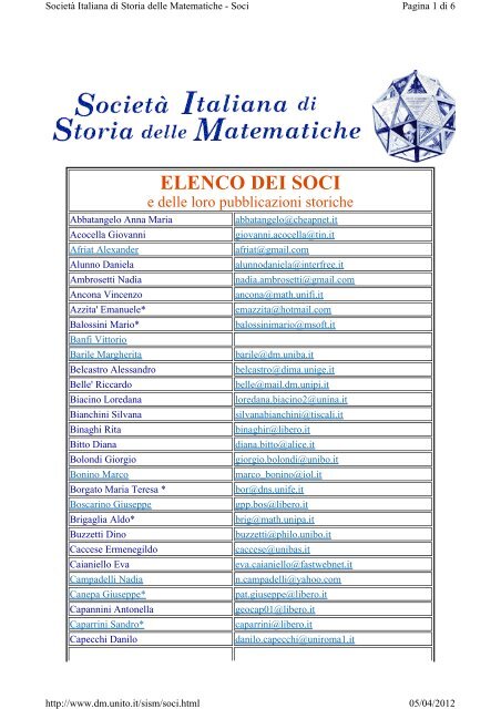 SocietÃ  Italiana di Storia delle Matematiche.Elenco Soci