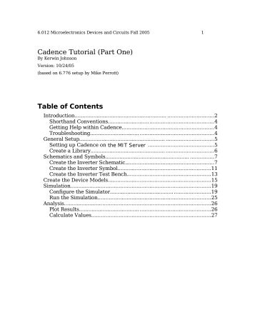 Cadence Tutorial (Part One) Table of Contents