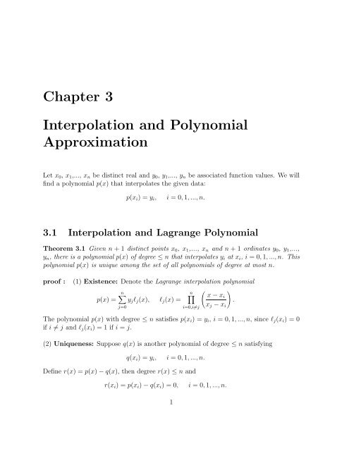 Chapter 3 Interpolation and Polynomial Approximation