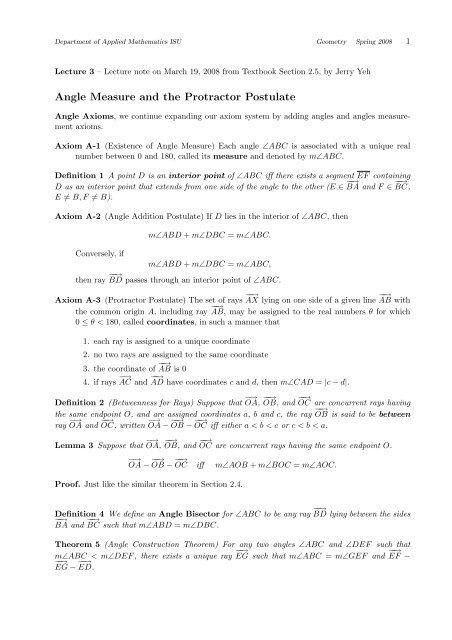 Angle Measure And The Protractor Postulate