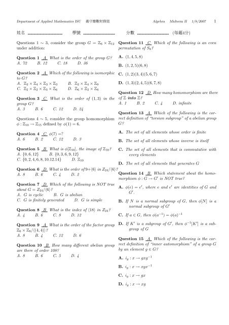 Questions 1 Aˆ 3 Consider The Group G Z6 A Z12 Under Addition