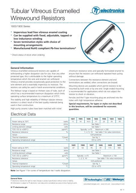 Tubular Vitreous Enamelled Wirewound Resistors - TT electronics ...