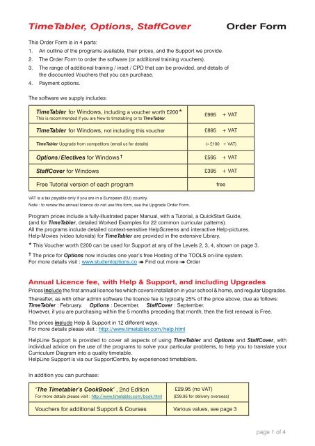 TimeTabler, Options, StaffCover Order Form