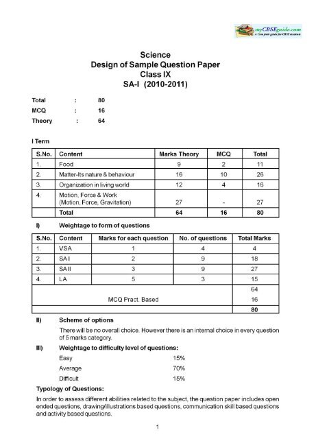 Science Design of Sample Question Paper Class IX