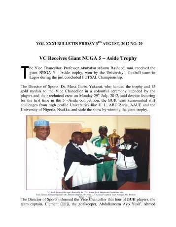 VC Receives Giant NUGA 5 â€“ Aside Trophy - Bayero University, Kano