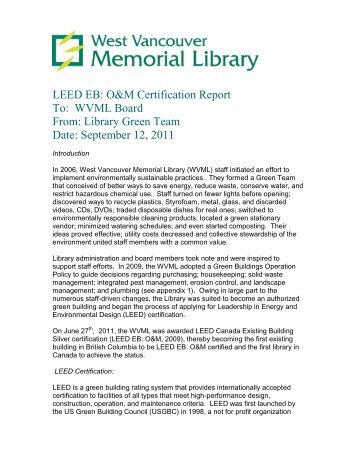 LEED EB: O&M Certification Report To - West Vancouver Memorial ...