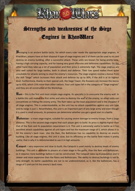 Strengths and weaknesses of the Siege Engines in KhanWars