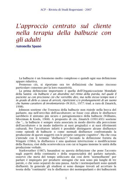 L'approccio centrato sul cliente nella terapia delle balbuzie ... - ACP