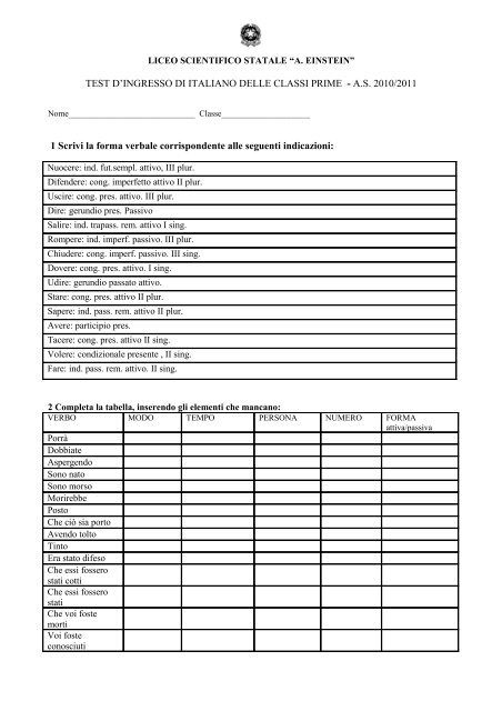 Test ingresso italiano 2010-2011 - Liceo scientifico Albert Einstein