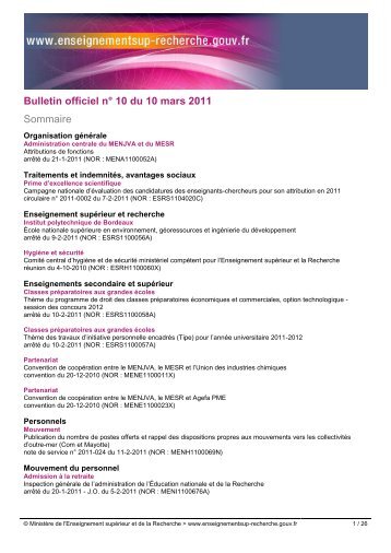 Bulletin officiel nÂ° 10 du 10 mars 2011 Sommaire - MinistÃ¨re de l ...