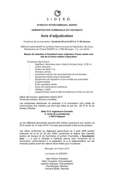 Avis d'adjudication - SIDERO