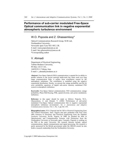 Performance of sub-carrier modulated Free-Space Optical ...