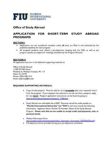 APPLICATION for STUDY ABROAD SHORT TERM PROGRAMS
