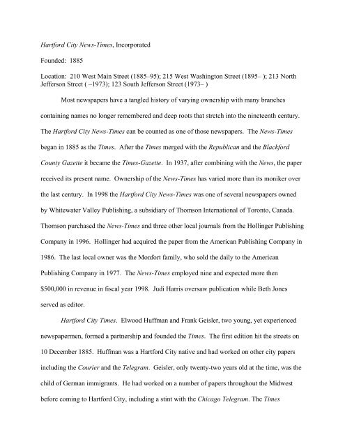 Hartford City News Times Incorporated Founded 1885 Location