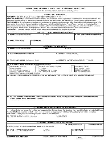 DD Form 577, Appointment/Termination Record - Authorized ...