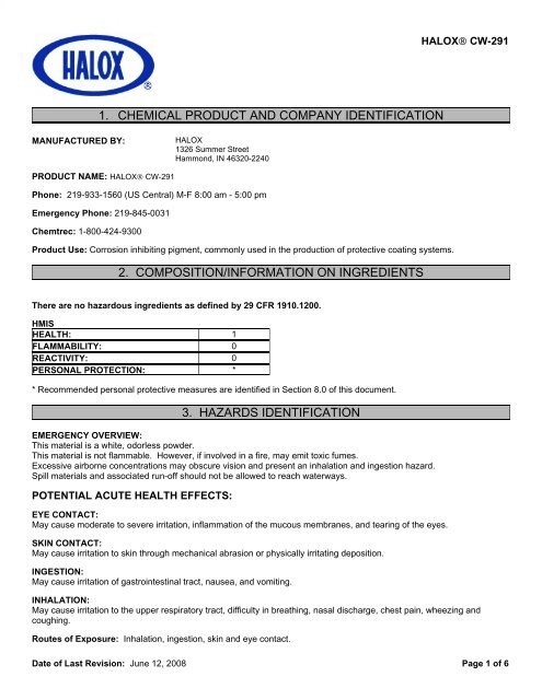 1. chemical product and company identification 2 ... - Halox