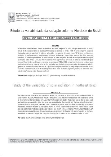 Estudo da variabilidade da radiação solar no Nordeste do ... - SciELO