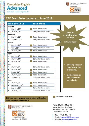 CAE Exam Date: January to June 2012