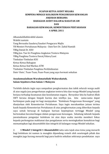 ucapan ketua audit negara sempena minggu kolokium pengurusan ...