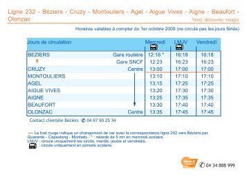 Ligne 232 - Béziers - Cruzy - Montouliers - Agel - Aigue Vives ...