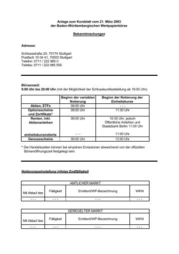 Anlage zum Kursblatt vom 21. März 2003 der Baden - Börse Stuttgart