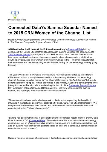 Connected Data?s Samina Subedar Named to 2015 CRN Women of the Channel List