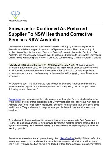 Snowmaster Confirmed As Preferred Supplier To NSW Health and Corrective Services NSW Australia