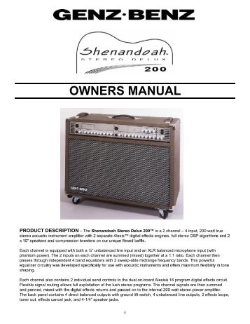 Shenandoah 200 Quick Reference Manual - Genz Benz