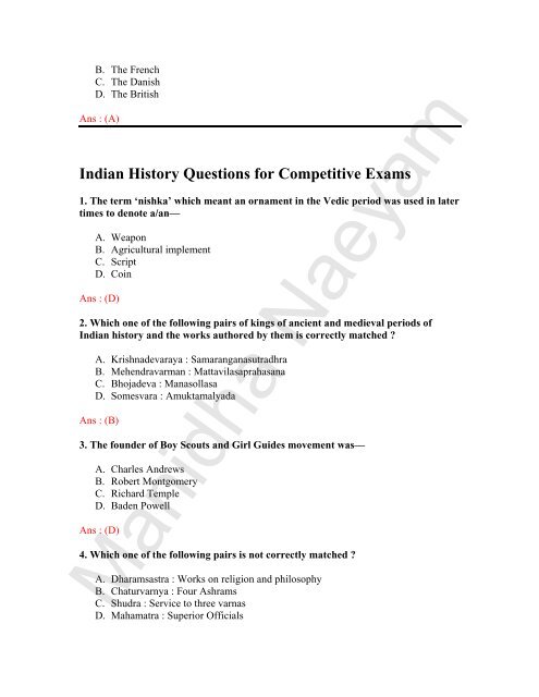 Indian History Objective Questions for Competitive Exams - saidai ...