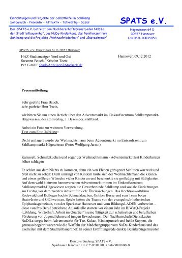 Pressemitteilung Adventsmarkt Sahlkamp 2012
